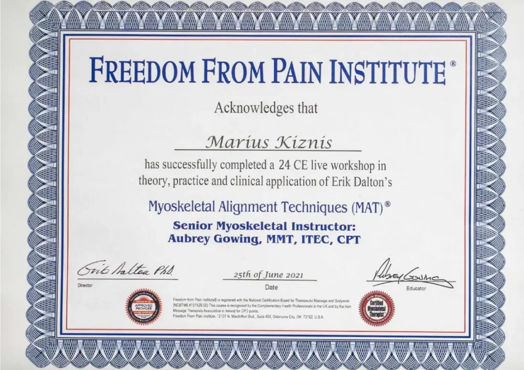 Freedom from pain Institute Cert Marius Kiznis